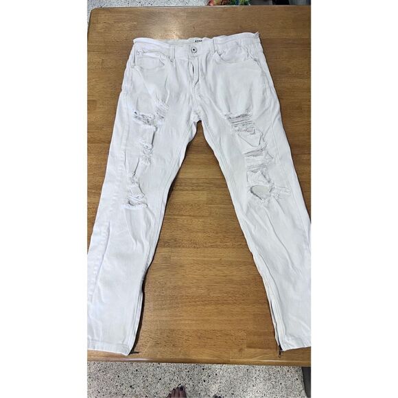 KDNK Men's Ripped Ankle Zip Tapered Leg Skinny White Jeans Light Wash Size 36 - Picture 3 of 14